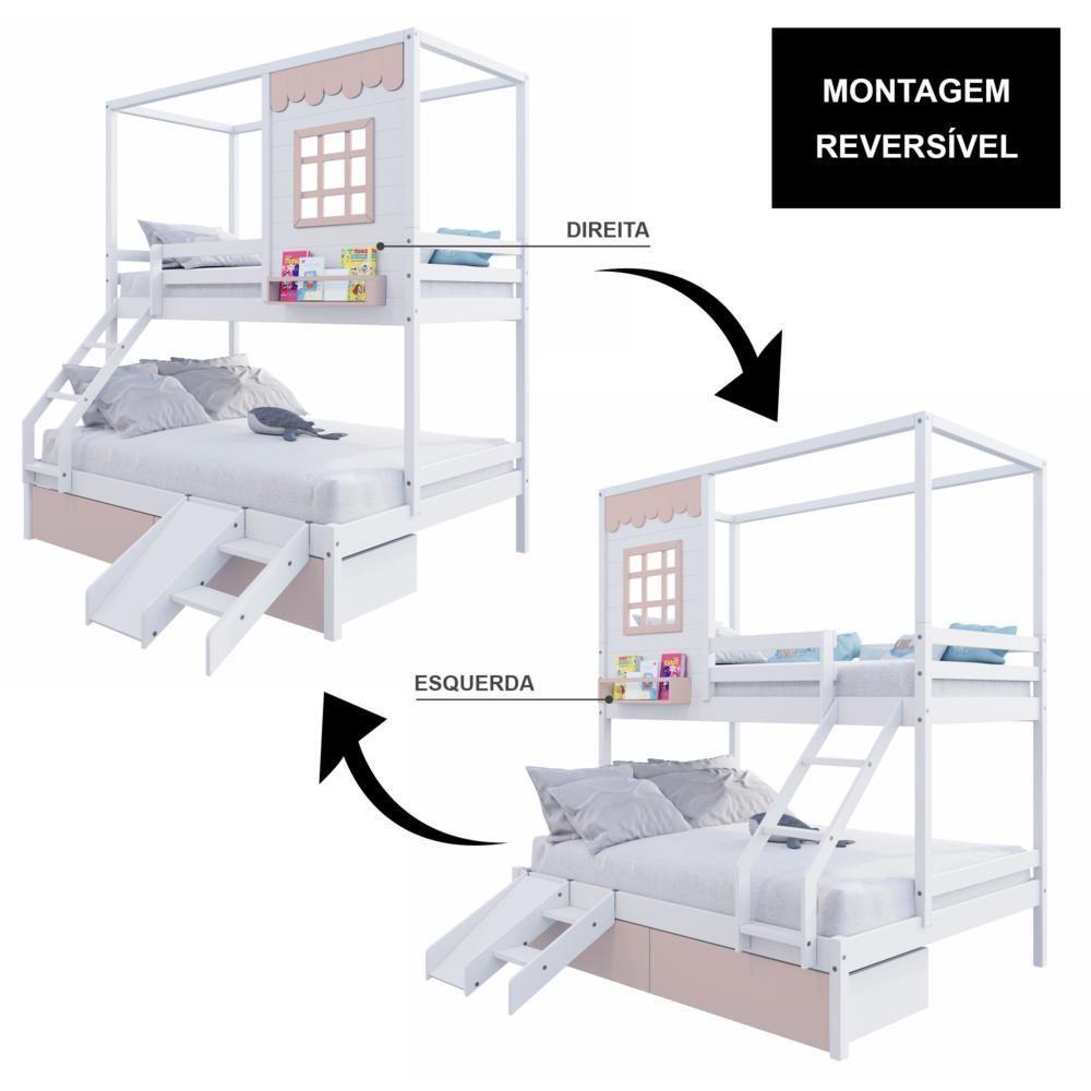 Beliche Casinha Reta Casal/ Solteiro 02 Gavetas Rosa Escorregador Madeira Maciça Branco/ Rosa Housin - 5