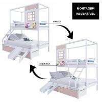 Beliche Casinha Reta Casal/ Solteiro 02 Gavetas Rosa Escorregador Madeira Maciça Branco/ Rosa Housin - 5