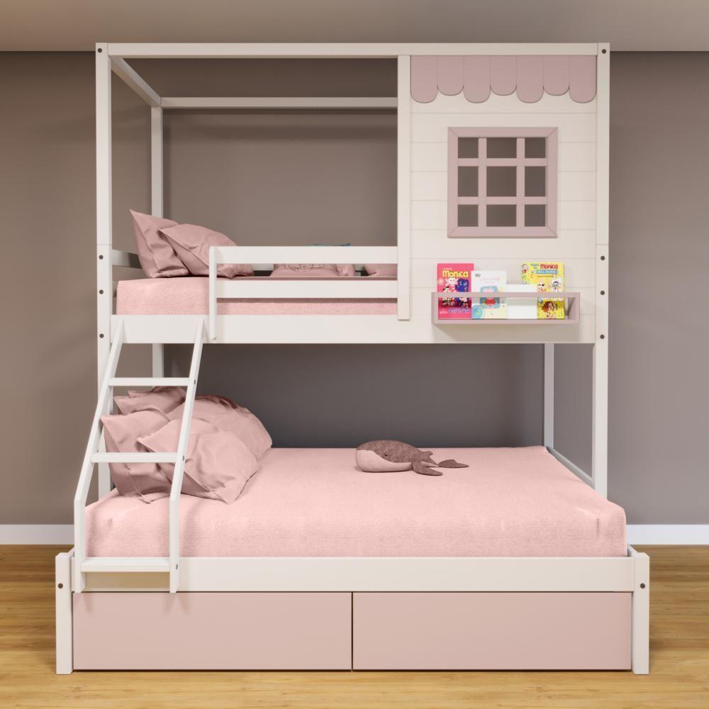 Beliche Casinha Reta Casal/ Solteiro 02 Gavetas Rosa Madeira Maciça Branco/ Rosa Housin - 1