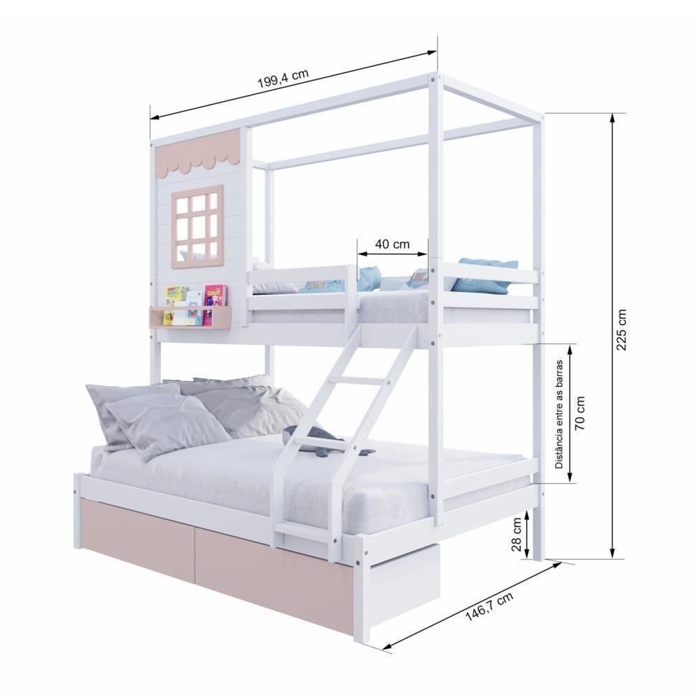 Beliche Casinha Reta Casal/ Solteiro 02 Gavetas Rosa Madeira Maciça Branco/ Rosa Housin - 3