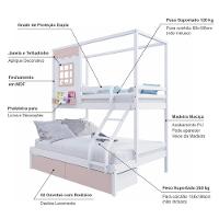 Beliche Casinha Reta Casal/ Solteiro 02 Gavetas Rosa Madeira Maciça Branco/ Rosa Housin