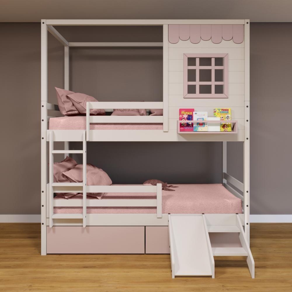 Beliche Casinha Reta 02 Gavetas Rosa Escorregador E Grade Removível Madeira Maciça Branco/ Rosa Housin - 1