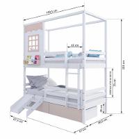 Beliche Casinha Reta 02 Gavetas Rosa Escorregador E Grade Removível Madeira Maciça Branco/ Rosa Housin