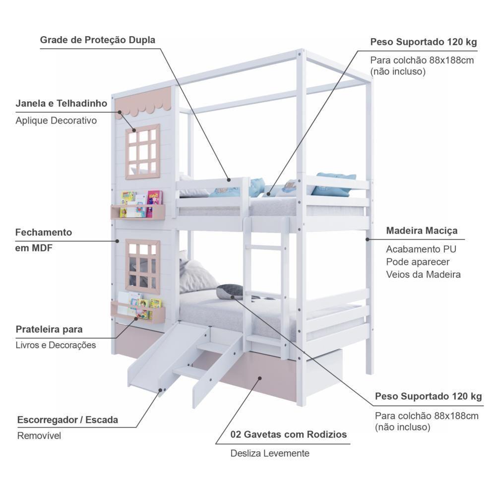 Beliche Casinha Reta 02 Janelas 02 Gavetas Rosa E Escorregador Madeira Maciça Branco/ Rosa Housin - 3