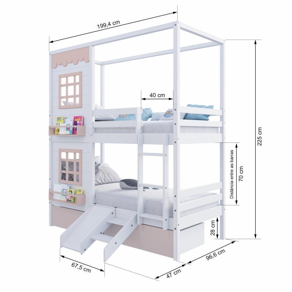 Beliche Casinha Reta 02 Janelas 02 Gavetas Rosa E Escorregador Madeira Maciça Branco/ Rosa Housin - 4