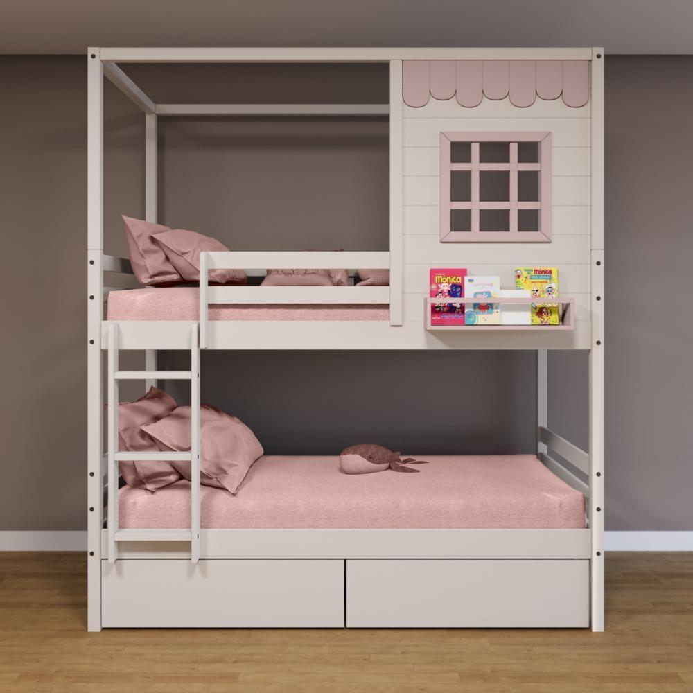 Beliche Casinha Reta 02 Gavetas Rosa Madeira Maciça Branco/ Rosa Housin - 1