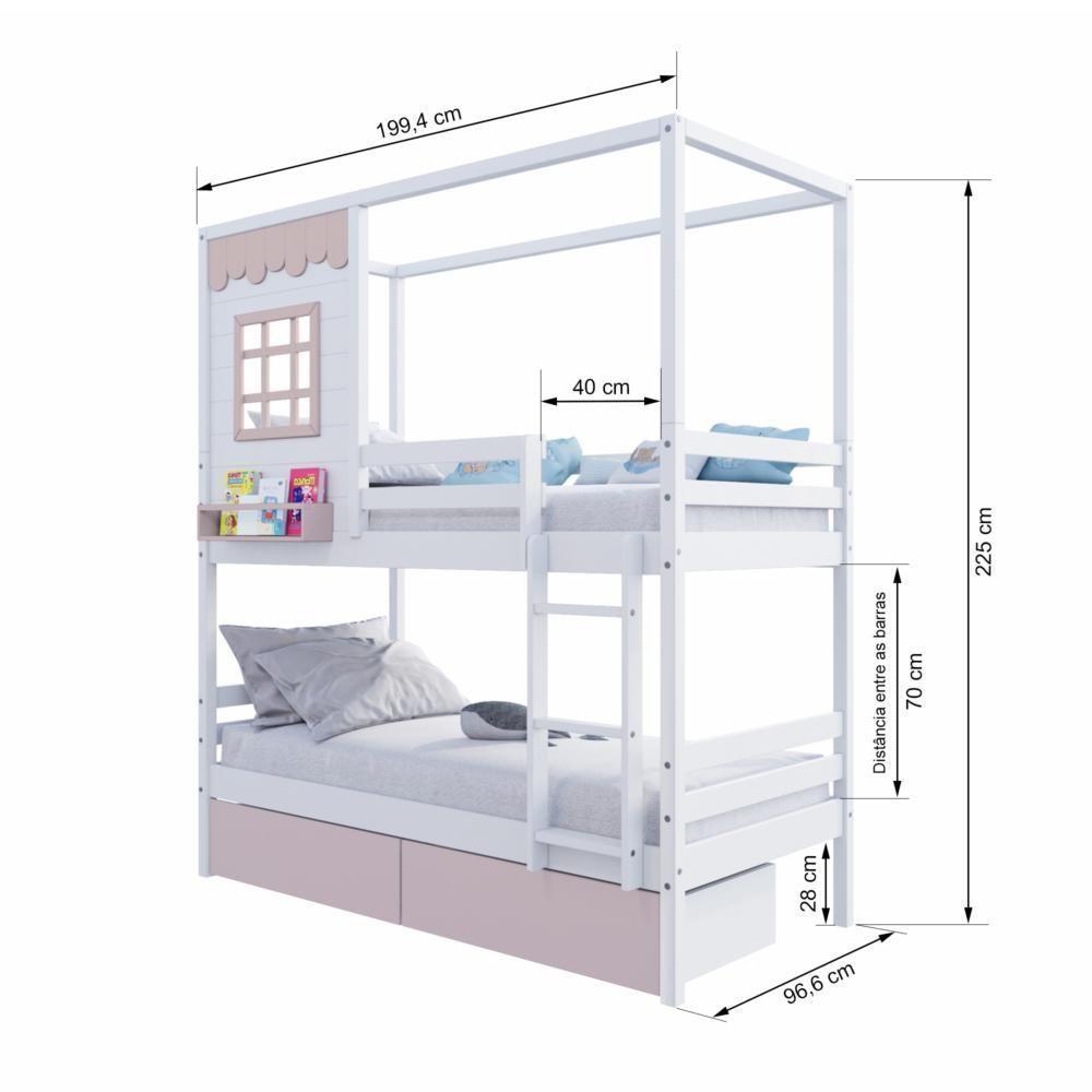 Beliche Casinha Reta 02 Gavetas Rosa Madeira Maciça Branco/ Rosa Housin - 3