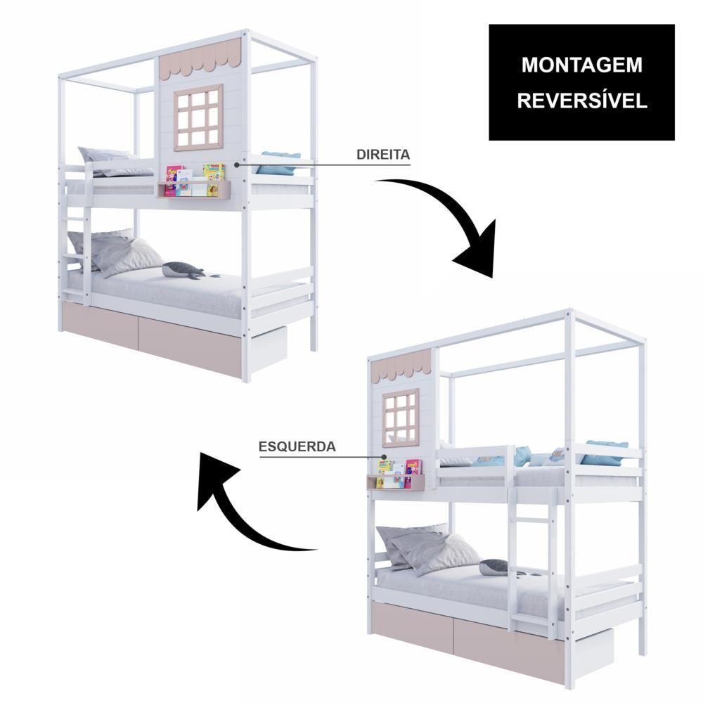 Beliche Casinha Reta 02 Gavetas Rosa Madeira Maciça Branco/ Rosa Housin - 4