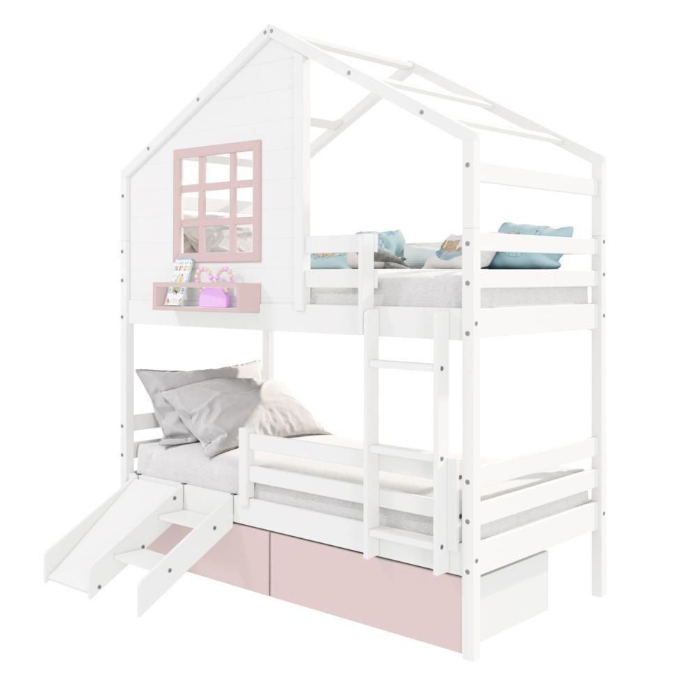 Beliche Casinha Com Janela 02 Gavetas Rosa Com Escada/ Escorregador E Grade De Proteção Madeira Branco/ Rosa Housin - 2