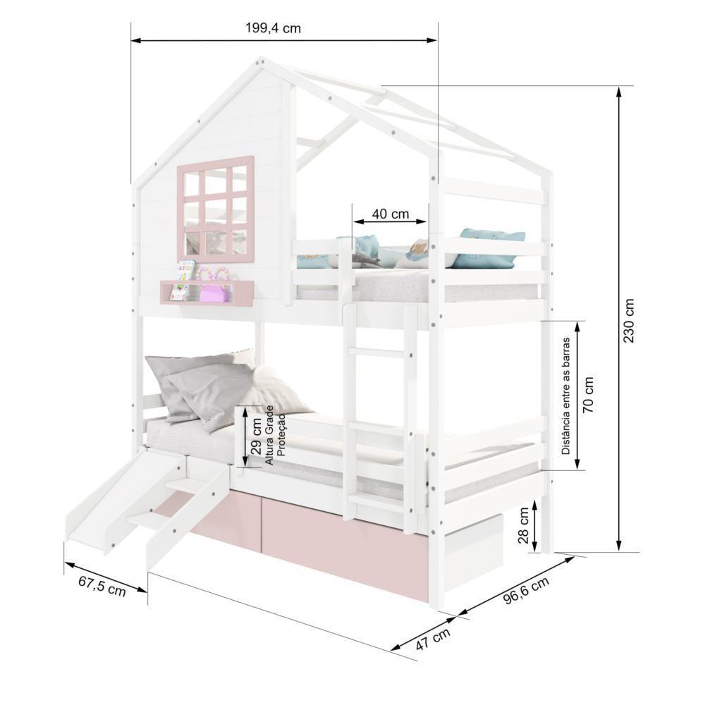 Beliche Casinha Com Janela 02 Gavetas Rosa Com Escada/ Escorregador E Grade De Proteção Madeira Branco/ Rosa Housin - 3
