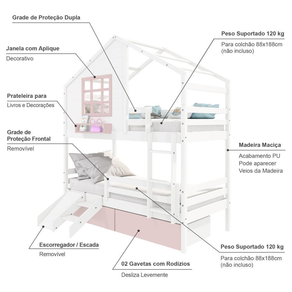Beliche Casinha Com Janela 02 Gavetas Rosa Com Escada/ Escorregador E Grade De Proteção Madeira Branco/ Rosa Housin - 4