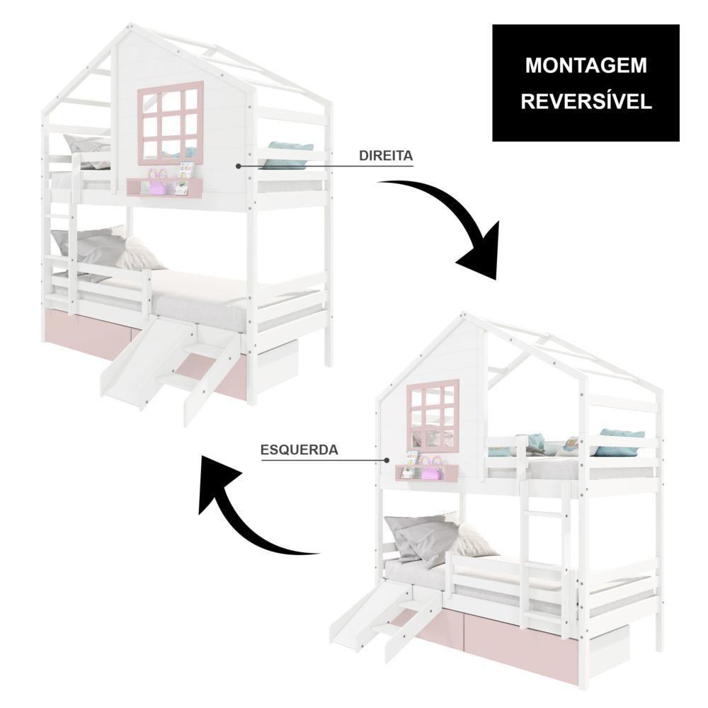 Beliche Casinha Com Janela 02 Gavetas Rosa Com Escada/ Escorregador E Grade De Proteção Madeira Branco/ Rosa Housin - 5