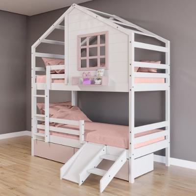 Beliche Casinha Com Janela 02 Gavetas Rosa Com Escada/ Escorregador E Grade De Proteção Madeira Branco/ Rosa Housin