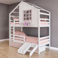 Beliche Casinha Com Janela 02 Gavetas Rosa Com Escada/ Escorregador E Grade De Proteção Madeira Branco/ Rosa Housin - 1