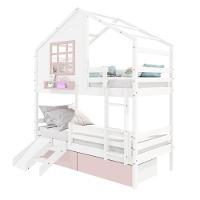 Beliche Casinha Com Janela 02 Gavetas Rosa Com Escada/ Escorregador E Grade De Proteção Madeira Branco/ Rosa Housin - 2