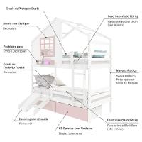 Beliche Casinha Com Janela 02 Gavetas Rosa Com Escada/ Escorregador E Grade De Proteção Madeira Branco/ Rosa Housin