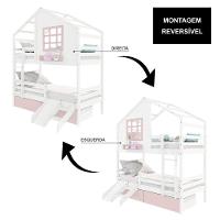 Beliche Casinha Com Janela 02 Gavetas Rosa Com Escada/ Escorregador E Grade De Proteção Madeira Branco/ Rosa Housin - 5