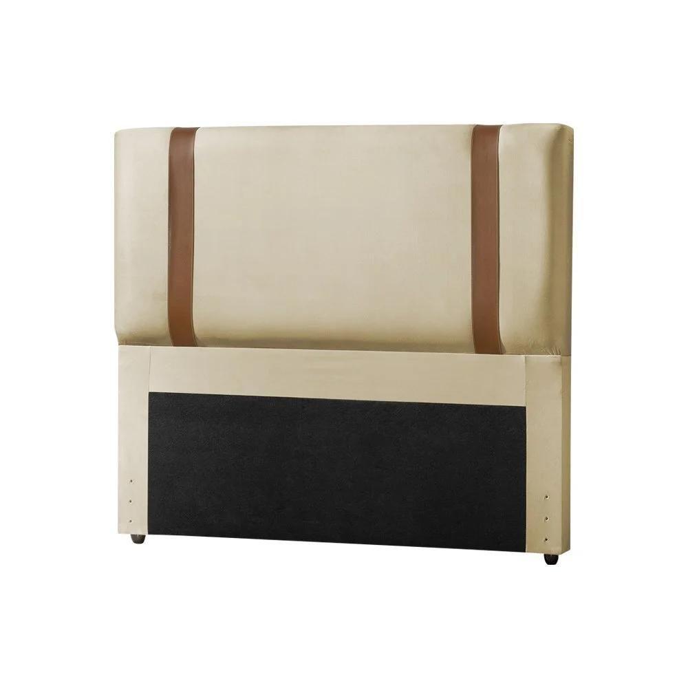 Cabeceira Casal Estofada Zeus 140cm Com Cintos De Couro Veludo Bege - 2