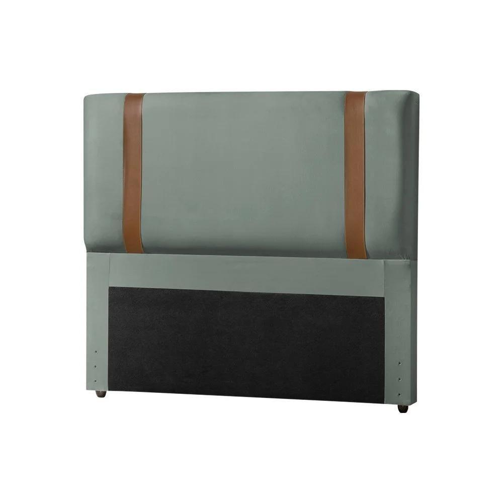 Cabeceira Queen Estofada Zeus 160cm Com Cintos De Couro Veludo Cinza Chumbo - 2