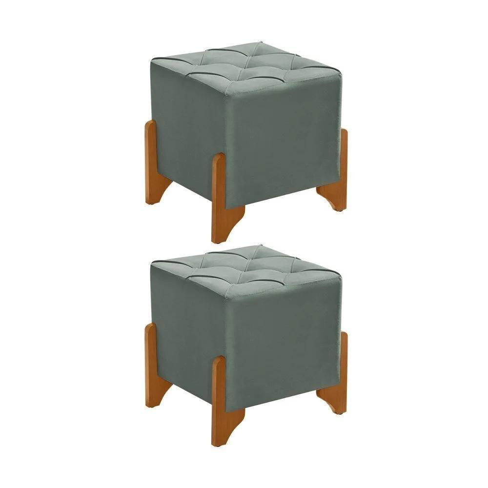 Kit 2 Puffs Decorativos Monet Base De Madeira Veludo Cinza - 1