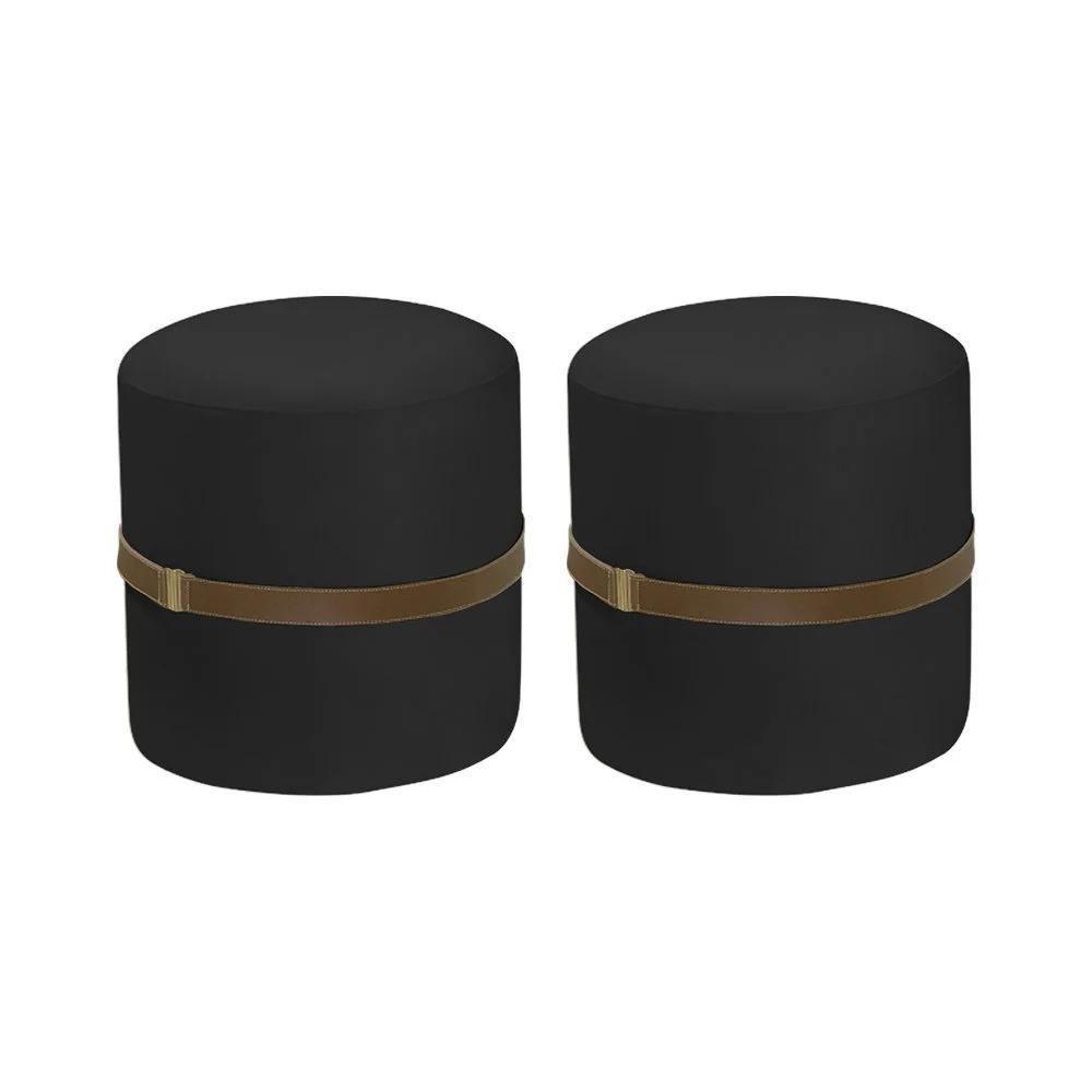 Kit 2 Puffs Decorativos Redondo Old Com Cinto Estofado Veludo Preto - 1