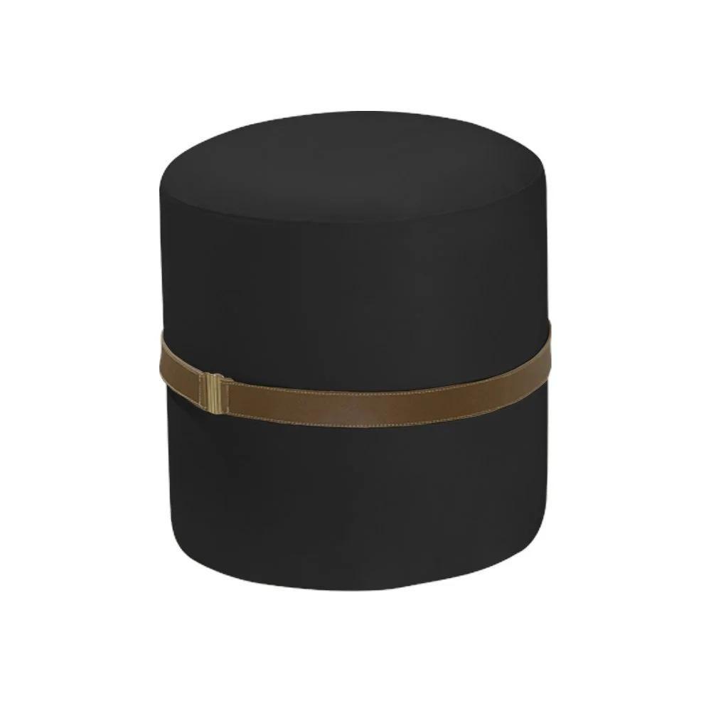 Kit 2 Puffs Decorativos Redondo Old Com Cinto Estofado Veludo Preto - 2