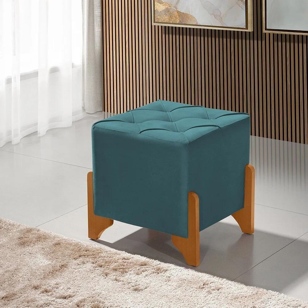 Kit 2 Puffs Decorativos Monet Base De Madeira Veludo Azul - 2