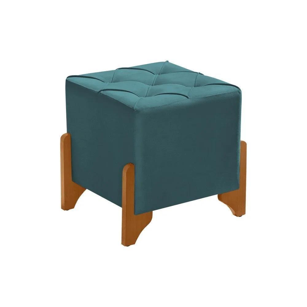 Kit 2 Puffs Decorativos Monet Base De Madeira Veludo Azul - 3