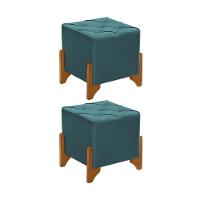 Kit 2 Puffs Decorativos Monet Base De Madeira Veludo Azul - 1