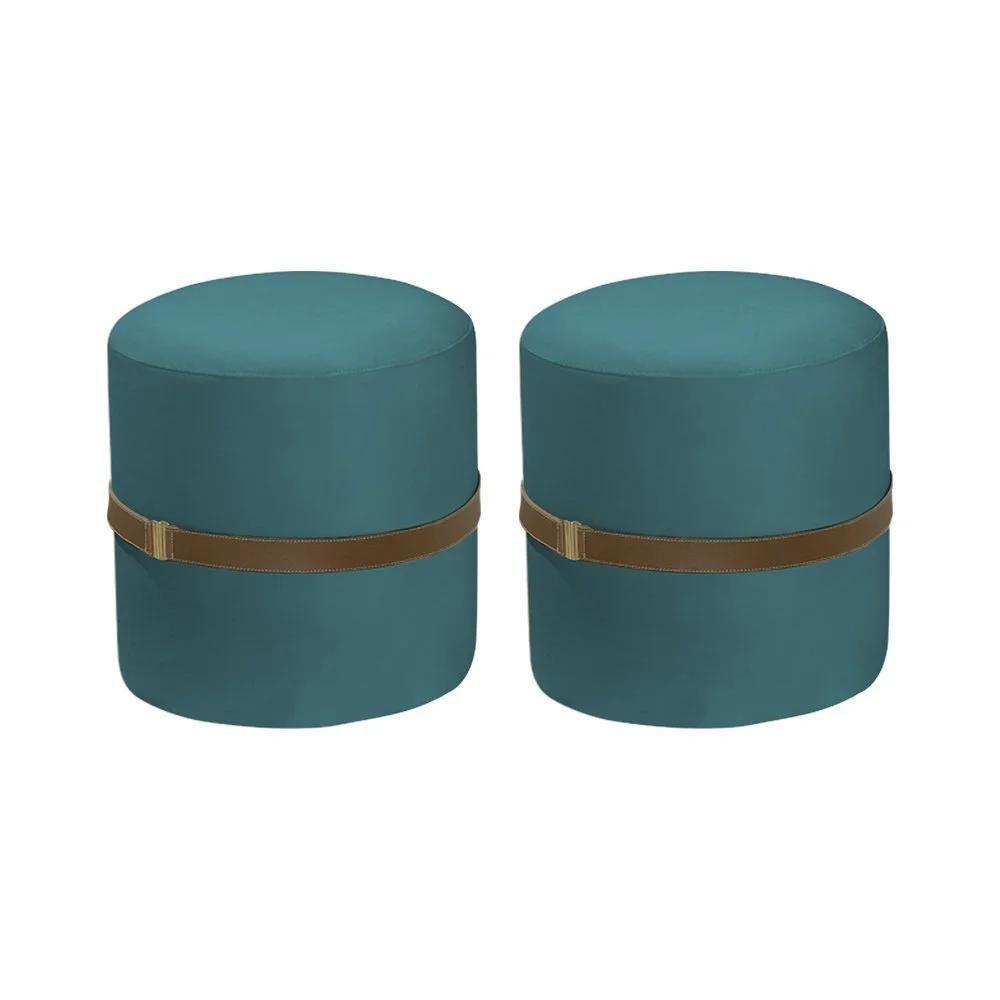 Kit 2 Puffs Decorativos Redondo Old Com Cinto Estofado Veludo Azul - 1