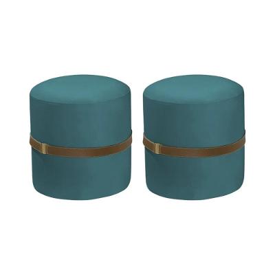 Kit 2 Puffs Decorativos Redondo Old Com Cinto Estofado Veludo Azul