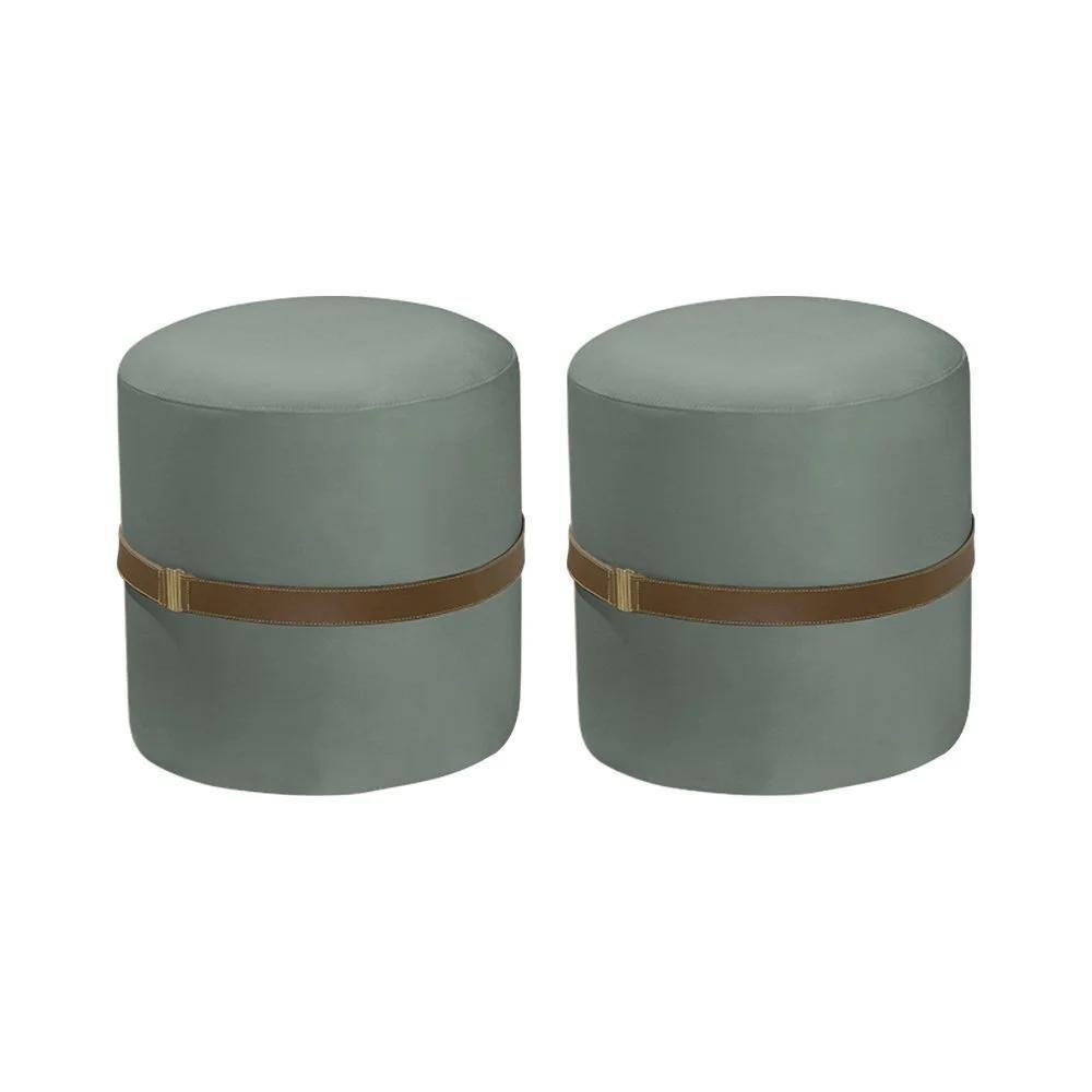 Kit 2 Puffs Decorativos Redondo Old Com Cinto Estofado Veludo Cinza - 1