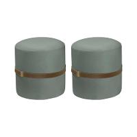 Kit 2 Puffs Decorativos Redondo Old Com Cinto Estofado Veludo Cinza - 1