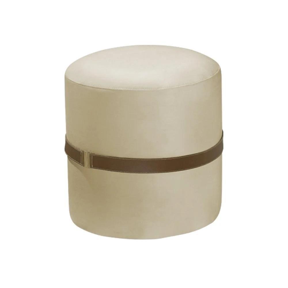 Kit 2 Puffs Decorativos Redondo Old Com Cinto Estofado Veludo Bege - 2