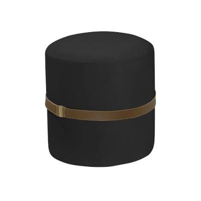 Puff Decorativo Redondo Old Com Cinto Estofado Veludo Preto