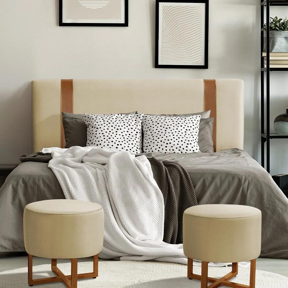 Cabeceira Queen Estofada Zeus 160cm Com Cintos De Couro Veludo Bege - 1