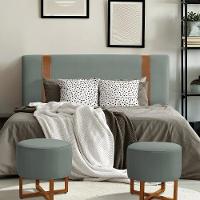 Cabeceira Casal Estofada Zeus 140cm Com Cintos De Couro Veludo Cinza Chumbo - 1