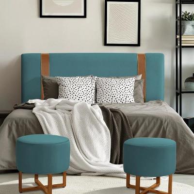 Cabeceira King Estofada Zeus 195cm Com Cintos De Couro Veludo Azul