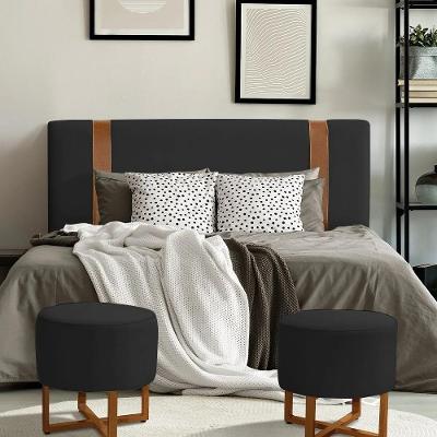 Cabeceira Casal Estofada Zeus 140cm Com Cintos De Couro Veludo Preto