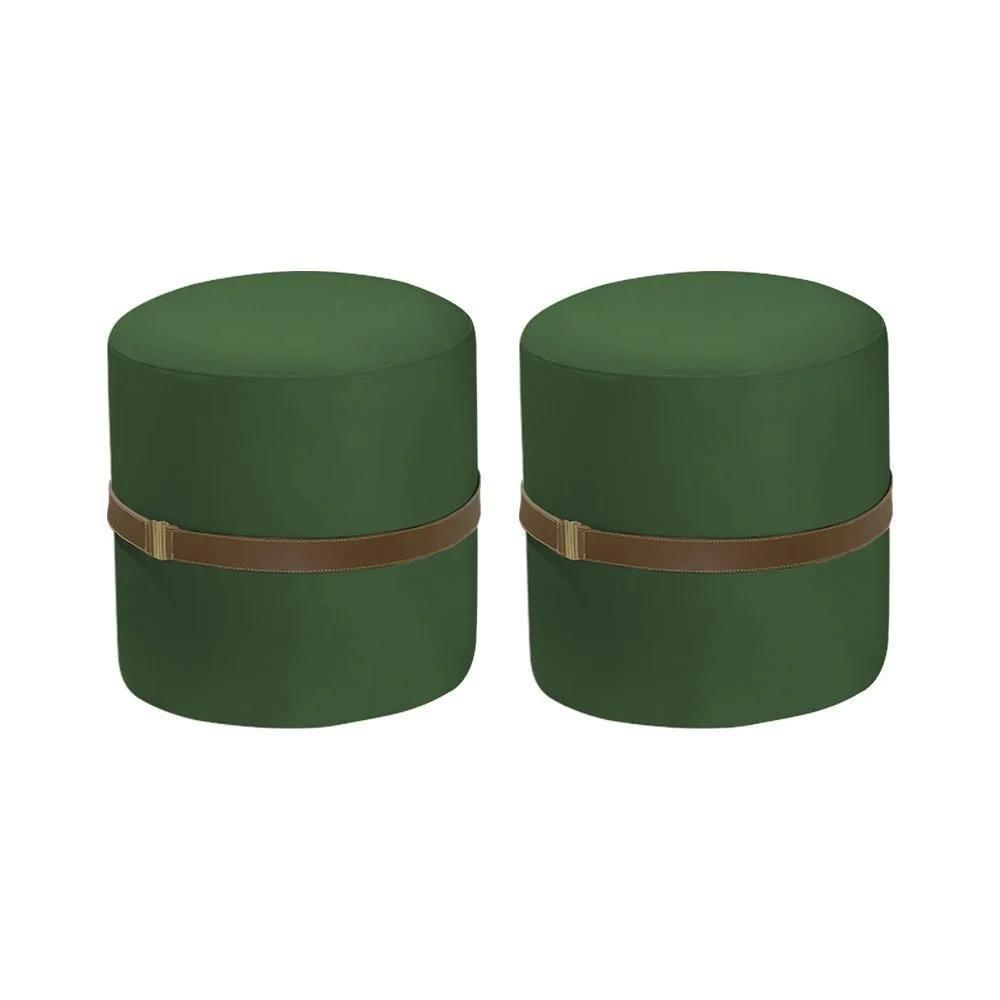 Kit 2 Puffs Decorativos Redondo Old Com Cinto Estofado Veludo Verde - 1