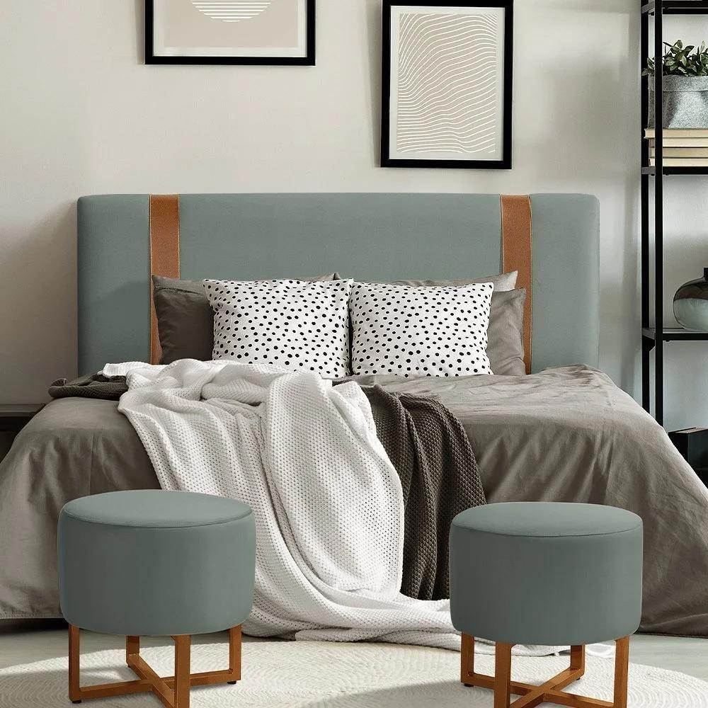 Cabeceira King Estofada Zeus 195cm Com Cintos De Couro Veludo Cinza Chumbo - 1