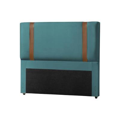 Cabeceira Casal Estofada Zeus 140cm Com Cintos De Couro Veludo Azul