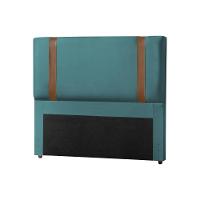 Cabeceira Casal Estofada Zeus 140cm Com Cintos De Couro Veludo Azul - 1