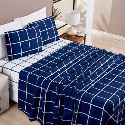 Jogo De Lençol Minimalista Casal 4 Peças Percal 200 Fios Quadriculado - Azul Marinho - 100% Poliéster