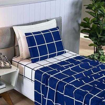 Jogo De Lençol Minimalista Solteiro 3 Peças Percal 200 Fios Quadriculado - Azul Marinho - 100% Poliéster