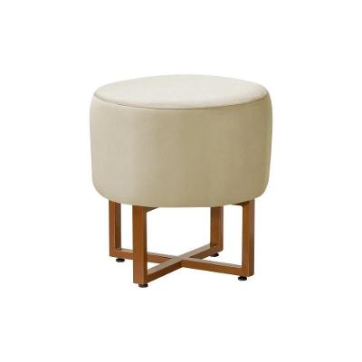 Puff Industrial Decorativo Charles Estofado Veludo Bege Base Ferro