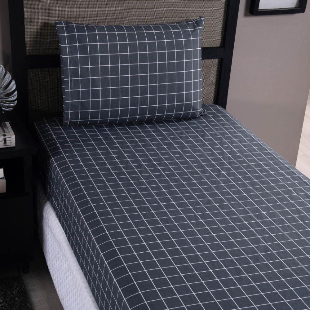 Jogo De Lençol Terry Solteiro 2 Peças Percal 200 Fios Quadriculado - Cinza Escuro - 80% Algodão / 20% Poliéster - 1
