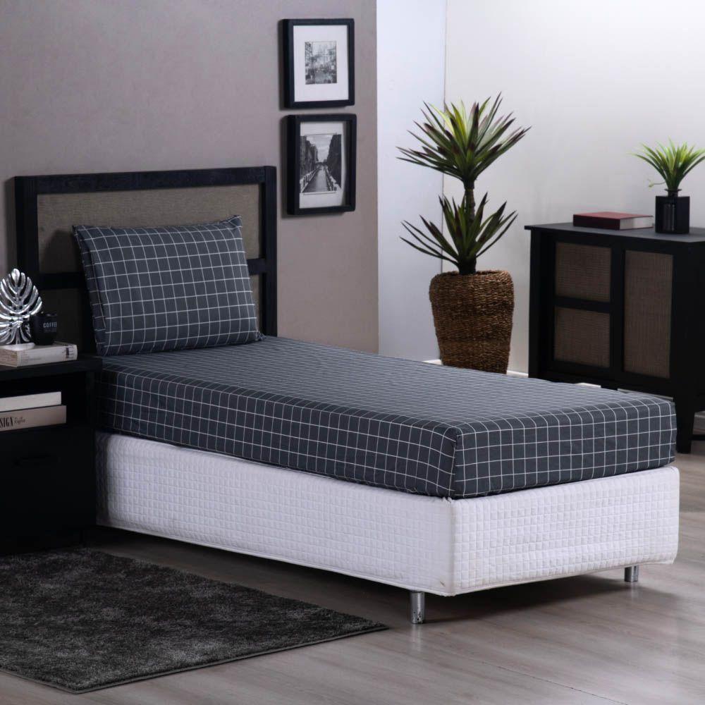 Jogo De Lençol Terry Solteiro 2 Peças Percal 200 Fios Quadriculado - Cinza Escuro - 80% Algodão / 20% Poliéster - 2