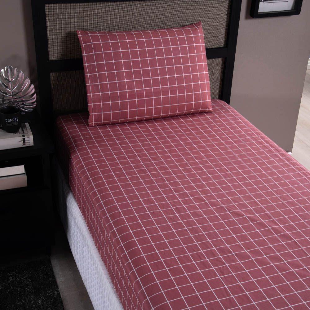 Jogo De Lençol Terry Solteiro 2 Peças Percal 200 Fios Quadriculado - Rosa Escuro - 80% Algodão / 20% Poliéster - 1