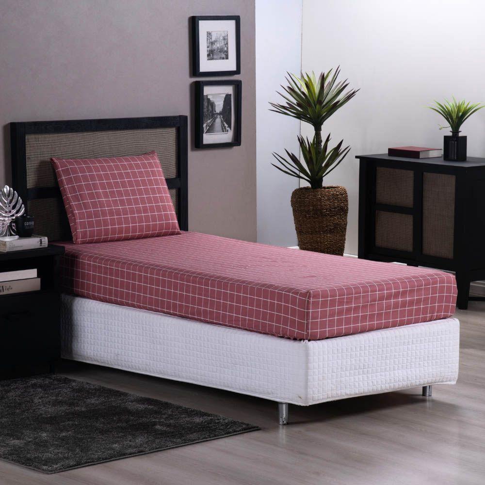 Jogo De Lençol Terry Solteiro 2 Peças Percal 200 Fios Quadriculado - Rosa Escuro - 80% Algodão / 20% Poliéster - 2